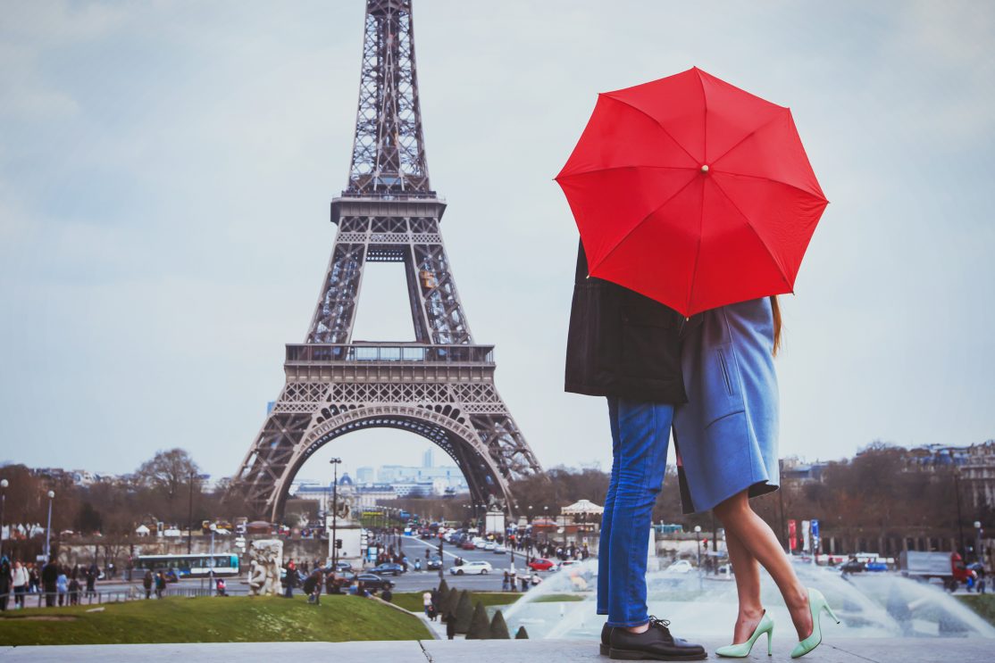 Couple in front of Eiffel Tower, France